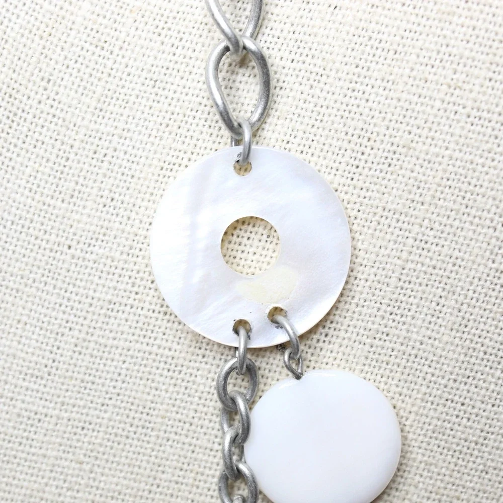 Necklace Layered Mother of Pearl Geometric Silver Tone Boho Modernist Statement